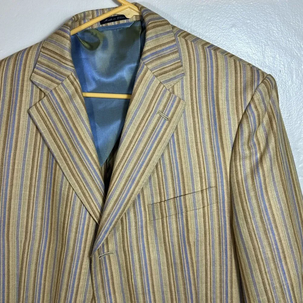 Ibiza 44R Linen And Wool Sport Jacket Golden Striped Blue Samba Mediterranean